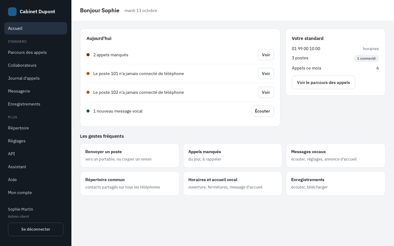 Accueil d’un admin client