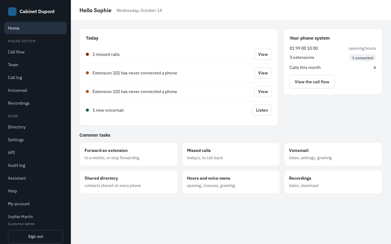 Customer admin’s home page